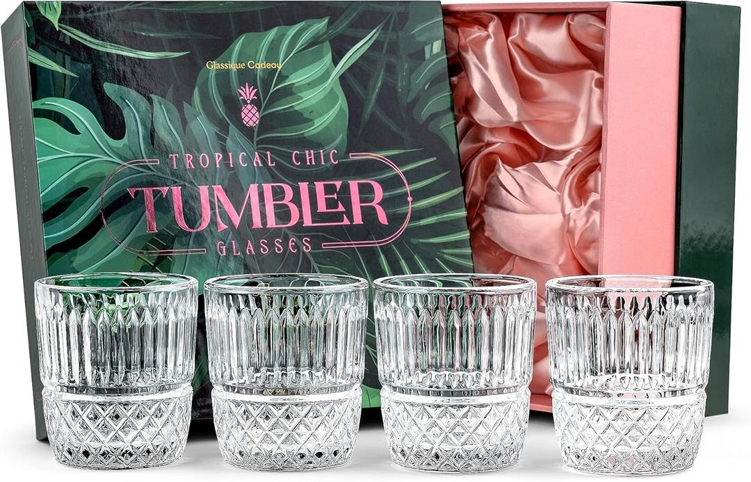 GLASSIQUE CADEAU Vintage Pineapple Lowball Glasses for Gin and Cocktails | Set of 4 | 10 oz Heavy Crystal Short Old Fashioned Rocks Tumblers for Bar Drinks | Tropical Glassware Collection