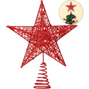 Blulu 10 Inches Red Christmas Star Topper Xmas Tree Topper Glitter Treetop Star for Christmas