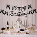 xo, Fetti Happy Birthday Banner, Black Glitter + Satin Bows - 5.5 Ft. | Birthday Decorations, Coquette Bday Decor, 30th Party Sign, 21st Photo Booth Backdrop