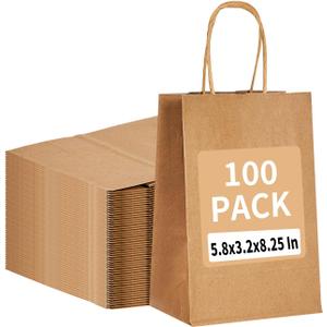 100 Pack 5.8x3.2x8.25 Inch Brown Kraft Paper Gift Bags with Handles - Bulk Small Plain Natural Bags for Birthday Party Favors, Grocery, Retail Shopping, Wedding, Craft, Goody, Takeouts, and Business