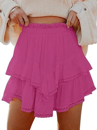 MIFOCAL Flowy Shorts for Women Casual Boho Ruffle Tiered Skorts High Waist Mini Skirts Golf Tennis Crochet Shorts (Small, Pink)