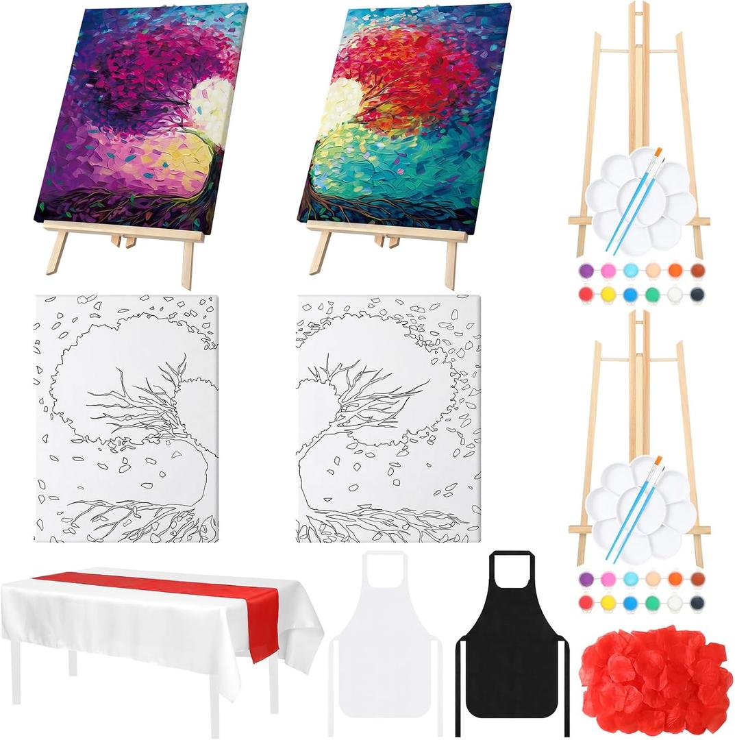 Zhanmai 112 Pcs Sip and Paint Kit for Adults Couples Painting Kit Date Night Pre Drawn Canvas to Paint at Home Party Supplies Stretched Canvas Couple Romantic Activity(Tree of Love,12 x 16 Inch)