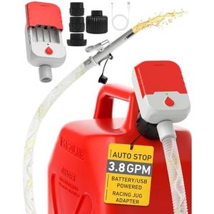 Fuel Transfer Pump with Auto-Stop, 3.8 GPM Battery or USB Powered Cordless Gas Pump, Portable Electric Pump for Gas Can with 51" Hose & 4 Adapters for Gasoline, Diesel, Oil–Spill-Free Refueling