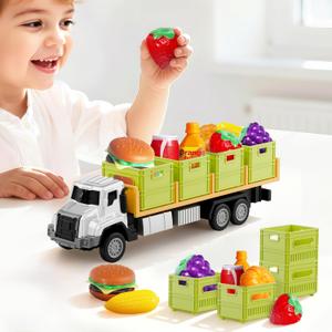 iPlay, iLearn Kids Friction Food Transport Truck Toys, Toddler Push Go Car Vehicle W/Storage Boxes & Foods, Alloy Head Cargo Carrier Play Trucks, Birthday Stocking Gift for 3 4 5 Year Old Boy Girl