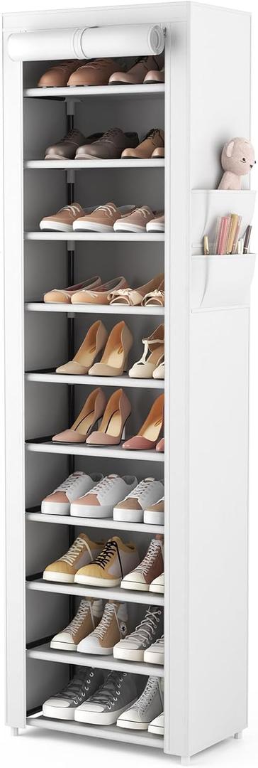 VTRIN Vertical Narrow Shoe Rack Organizer Tall Shoe Rack for Closet Entryway 10 Tier Non-Woven Cover Shoe Shelf Holds 20-22 Pairs Free Standing Shoe Storage Cabinet with Dustproof Cover, White