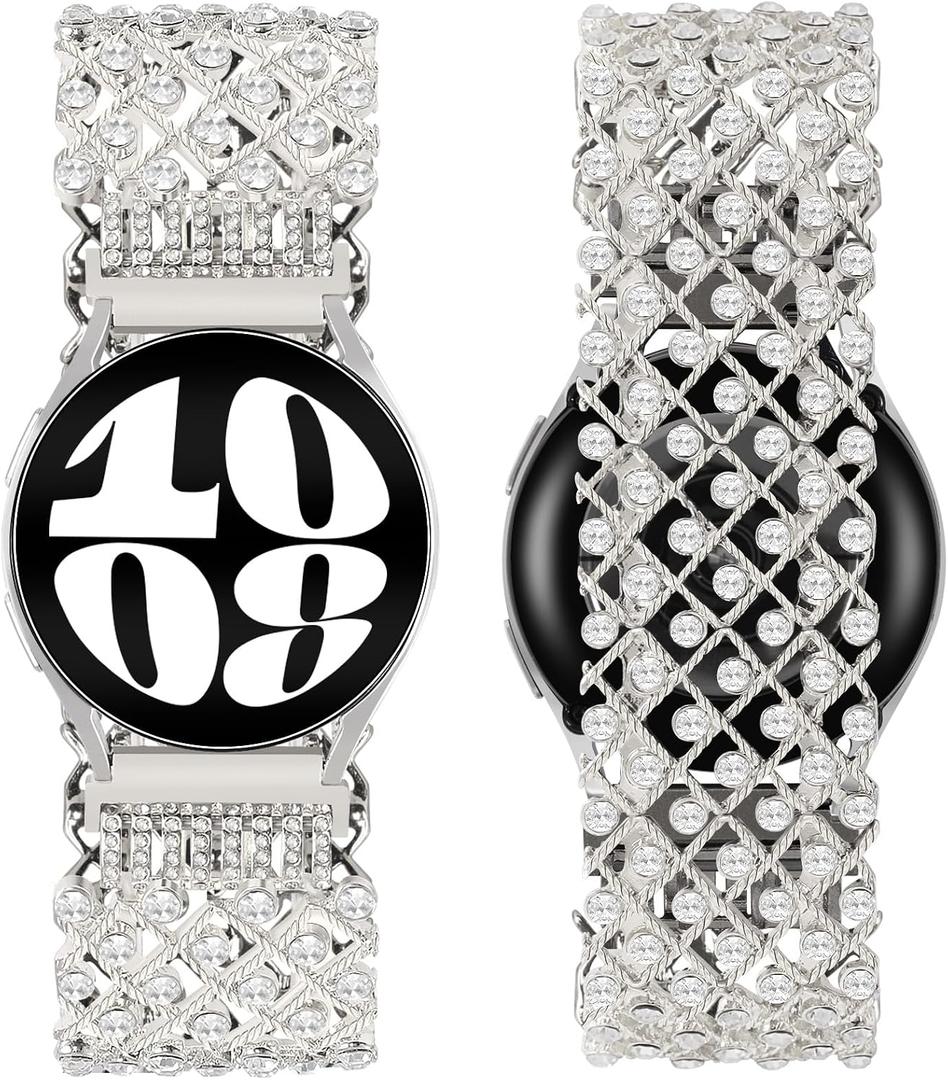 VIQIV Dressy Bracelet Compatible with Samsung Galaxy Watch 8/7/6/5/4/FE Active 2 40/44mm 8/6/4 Classic 43/47/42/46mm 5 Pro 45mm, 20mm Stretchy Bling Rhinestone Metal Strap for Samsung Watch Band Women