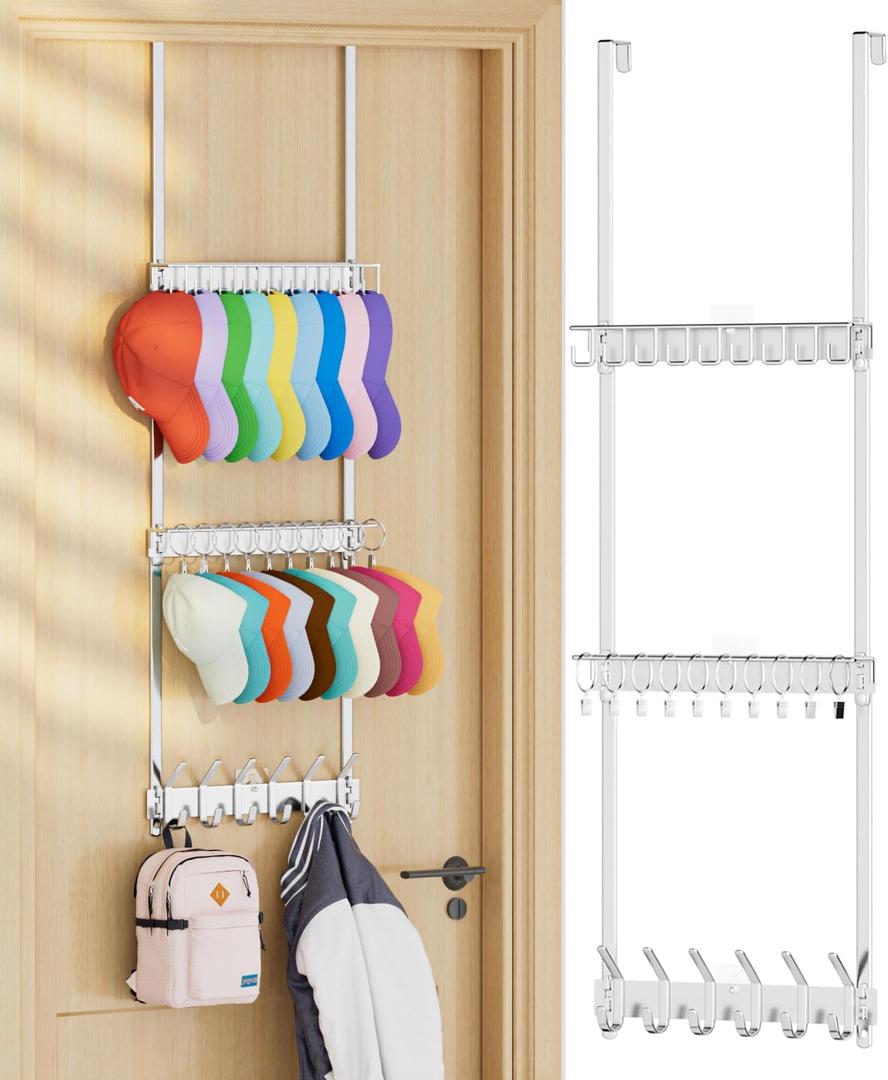 3 Tier Over Door Hat Rack - Baseball Cap Wall Mounted Hat Organizer, Hat Holder with 18 Hooks and 10 Movable Clips, Hat Storage Holds up to 30 Caps for Door, Bedroom, Closet (Silver) 