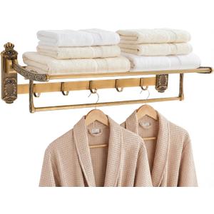 Vintage Brass Foldable Towel Rack with Hooks, Foldable Wall Mounted Bathroom Shelf, Double Towel Bars Antique Gold Aluminum Rail Holder for Bathroom, Entryway, and Kitchen(24")