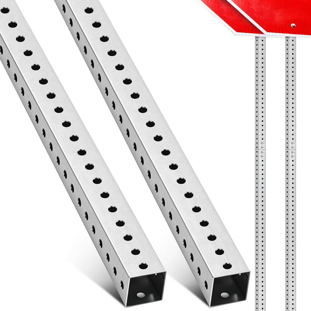 2 Pcs 8 ft H x 2 in W Square Sign Post with 7/16" Dia Mounting Holes Galvanized Steel Metal Poles Outside Rust Resistant Industrial Perforated Tube for Street, Parking, Construction (Silver)