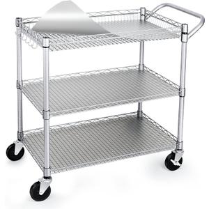 WDT 990Lbs Capacity Heavy Duty Rolling Utility Cart, NSF Rolling Carts with Wheels,Commercial Grade Metal Cart with Handle Bar & Shelf Liner,Trolley Serving Cart for Restaurant,Kitchen,Gray