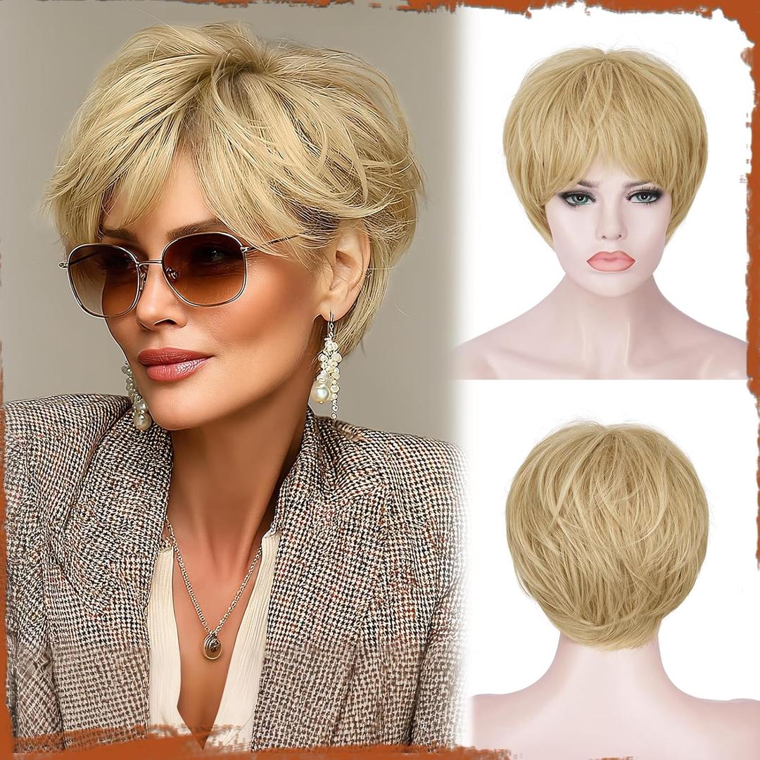 Pixie Cut Wig - Short Blonde Wig with Bangs Layered Pixie Haircut Synthetic Hair Wigs for Women Soft Glueless Heat Resistant Natural Looking Light Blond Wavy Wigs for Daily Party Use