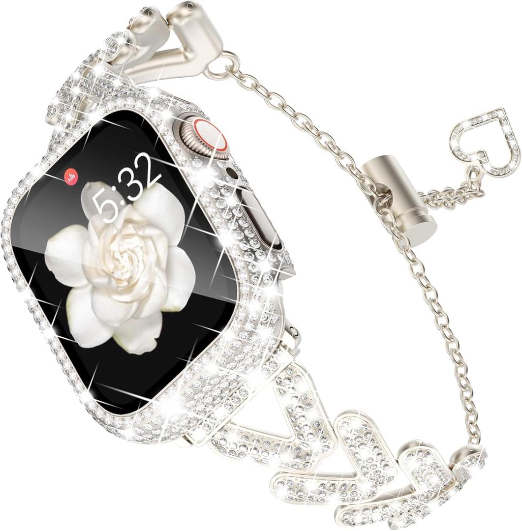 KADES Band & Case Designed for Apple Watch Series 46mm 45mm 44mm 42mm 41mm 40mm 38mm for Women, Metal Strap with Bling Rhinestone Screen Protector Cover for iWatch 10 9 8 7 6 5 4 SE SE2 3 2 1