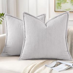 Mecatny Corduroy Throw Pillow Covers 20x20 Set of 2, Neutral Decorative Soft Boho Couch Pillow Covers with Broadside for Sofa Living Room, Grey