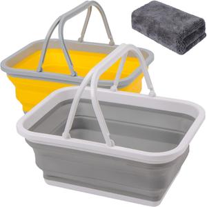 AUTODECO Collapsible Sink with Handle Towel, 2.37 Gal / 9L Foldable Wash Basin for Washing Dishes, Camping, Hiking and Home (2pcs-gray&yellow)