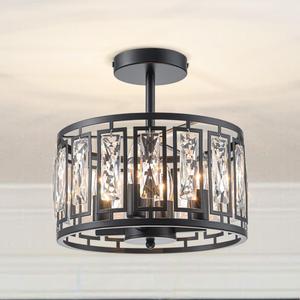 11.8" Black Semi Flush Mount Ceiling Lighting Fixture, 4-Light Hallway Lighting Fixtures, Modern Crystal Ceiling Light Fixture for Kitchen Entryway Laundry Room Bedroom Foyer