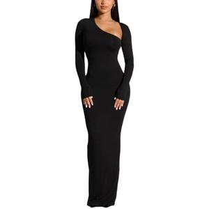 Yanfoam Women's Sexy Bodycon Long Sleeve Skew Collar Ribbed Party Club Basic Maxi Dress L