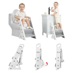 Primlect Potty Training Seat, Upgrade Foldable Step Stool for Bathroom, Toddler Toilet Attachment, Adjustable Height, Handles on Top of The Ladder, Easy to Carry and Climb, Boys and Girls 1-3 (Gray)