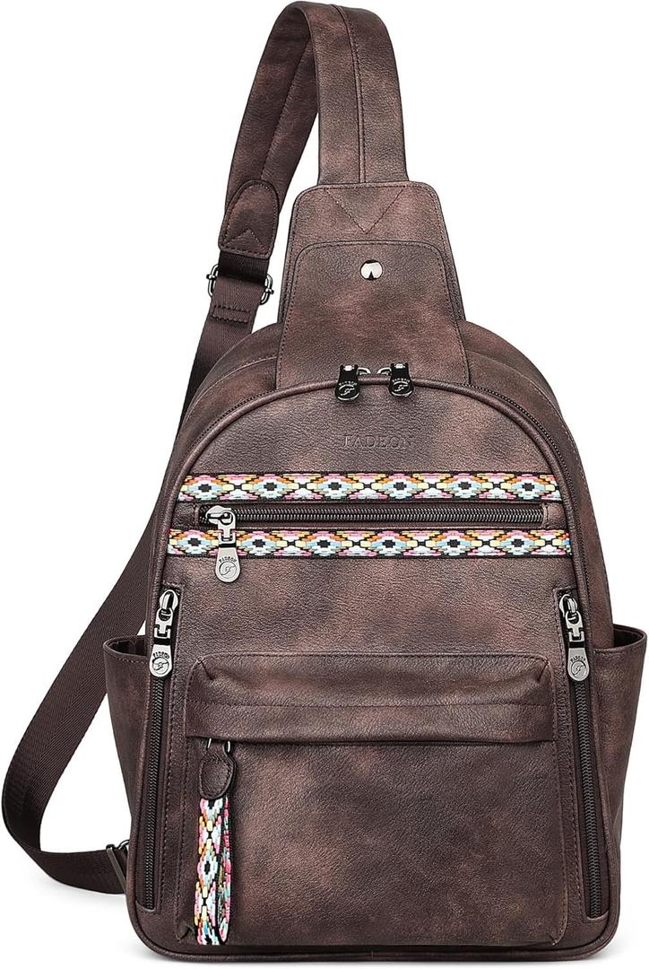 FADEON Large Sling Bag for Women, Leather Crossbody Purse Designer Anti Theft Sling Backpack, RFID Fanny Packs for Travel (Coffee Brown Retro Style)