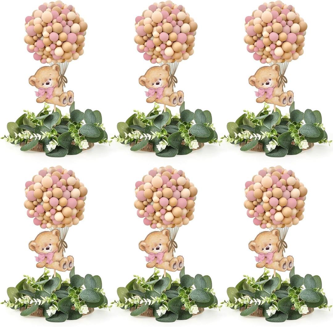 6 Set Baby Shower Bear Table Centerpieces Decortion Pink Bear with Eucalyptus Wreath Wood Slices Welcome Baby Table Toppers for Gender Reveal It's A Girl Gender Reveal Party Favor
