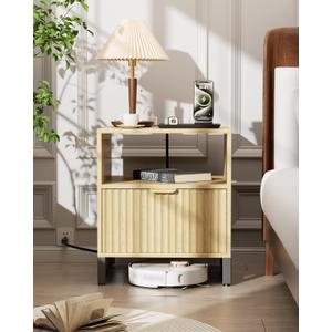 Fluted Night Stand with Charging Station, Wood Nightstand with Large Drawer and Open Storage Cabinet, Mid-Century Modern Bedside Table End Table for Bedroom Closet Office (A - Reclaimed Light Oak)