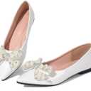 Leather Flats for Women Bling Rhinestone Pointed Non Slip Comfort Slip on Breathable Wedding Dress Ballet Flats Shoes (6, White)