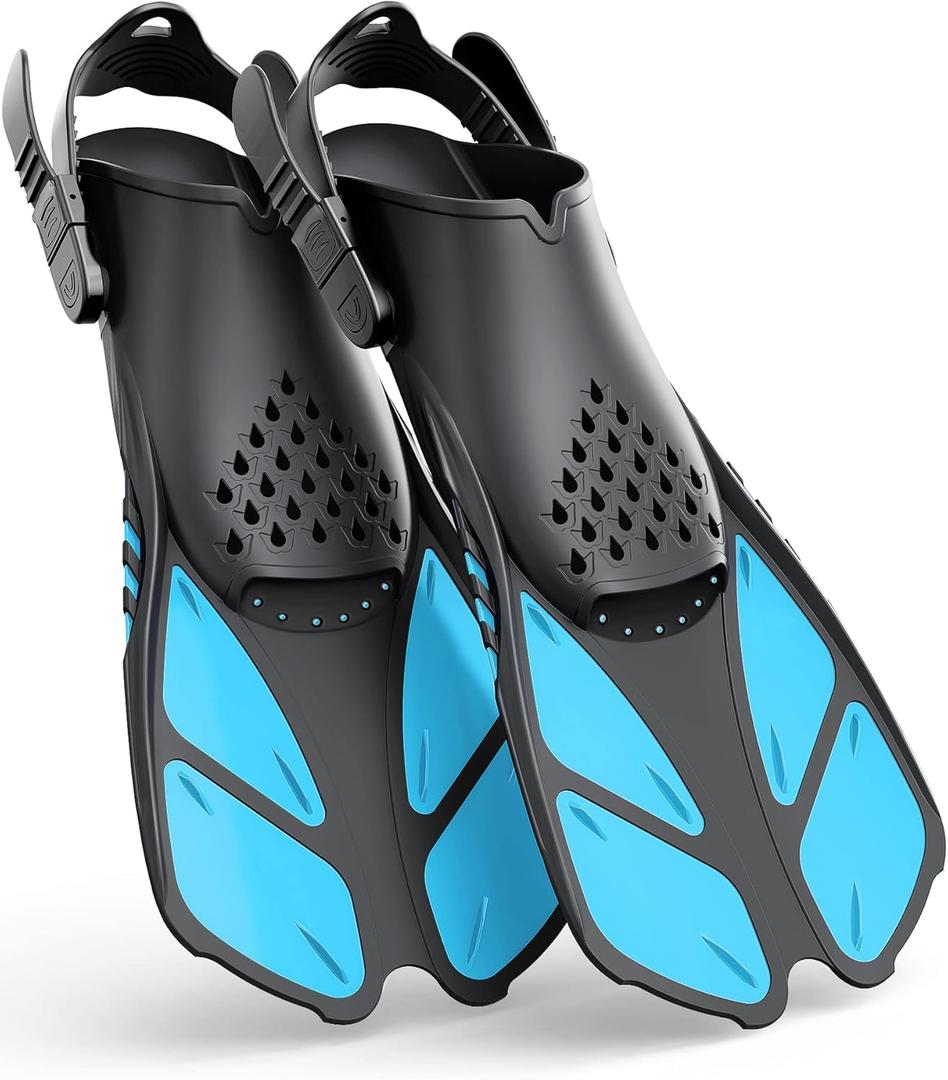 Greatever Snorkel Fins Adjustable Buckles Open Heel Swim Flippers Travel Size Short Swim Fins for Snorkeling Diving Swimming Adult Men Womens (Cerulean Blue)