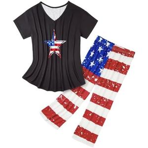 Century Star Women Summer Pajamas Soft Sleepwear Top with Capri Pants Ladies Short Sleeve Cotton Pajamas Sets, USA Flag, 2XL