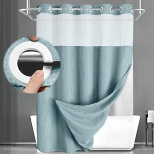 No Hook Shower Curtain and Liner Set,Cyan Hotel Waffle Shower Curtain with Liner 75" L x 72" W, Cyan