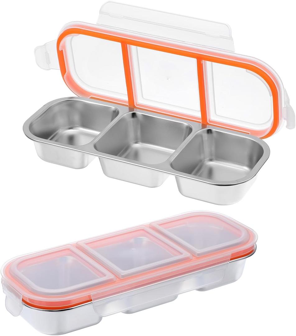 2 Pack Stainless Steel Snack Containers with Lids - 3 Compartment Stainless Steel Snack Box, 20oz (600ml) Leakproof Food Storage for Home, Work, Travel (10.3" x 4.05" x 1.57")