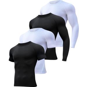 HOPLYNN 4 Pack Workout Compression Shirts Men Long/ Short Sleeve Rash Guard Athletic Undershirt Gear T Shirt for Sports 2 Black 2 White L