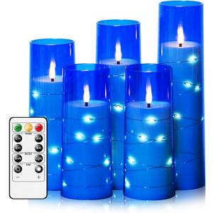 kakoya Flameless LED Candles with Timer 5 Pc Flickering Flameless Candles for Romantic Ambiance and Home Decoration Stable Acrylic Shell,with Embedded Star String Battery Operated Candles Blue