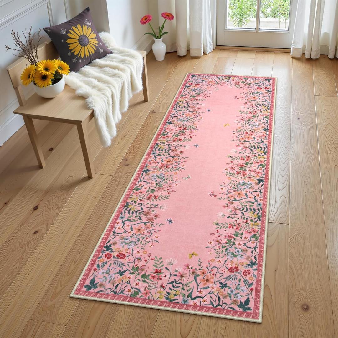 Wonnitar 2x6 Runner Rug for Hallways, Pink Floral Bathroom Rugs Non Slip Washable, Low Pile Soft Botanical Runner for Girls Bedroom Laundry Room Bedside (Pink,2'x6')