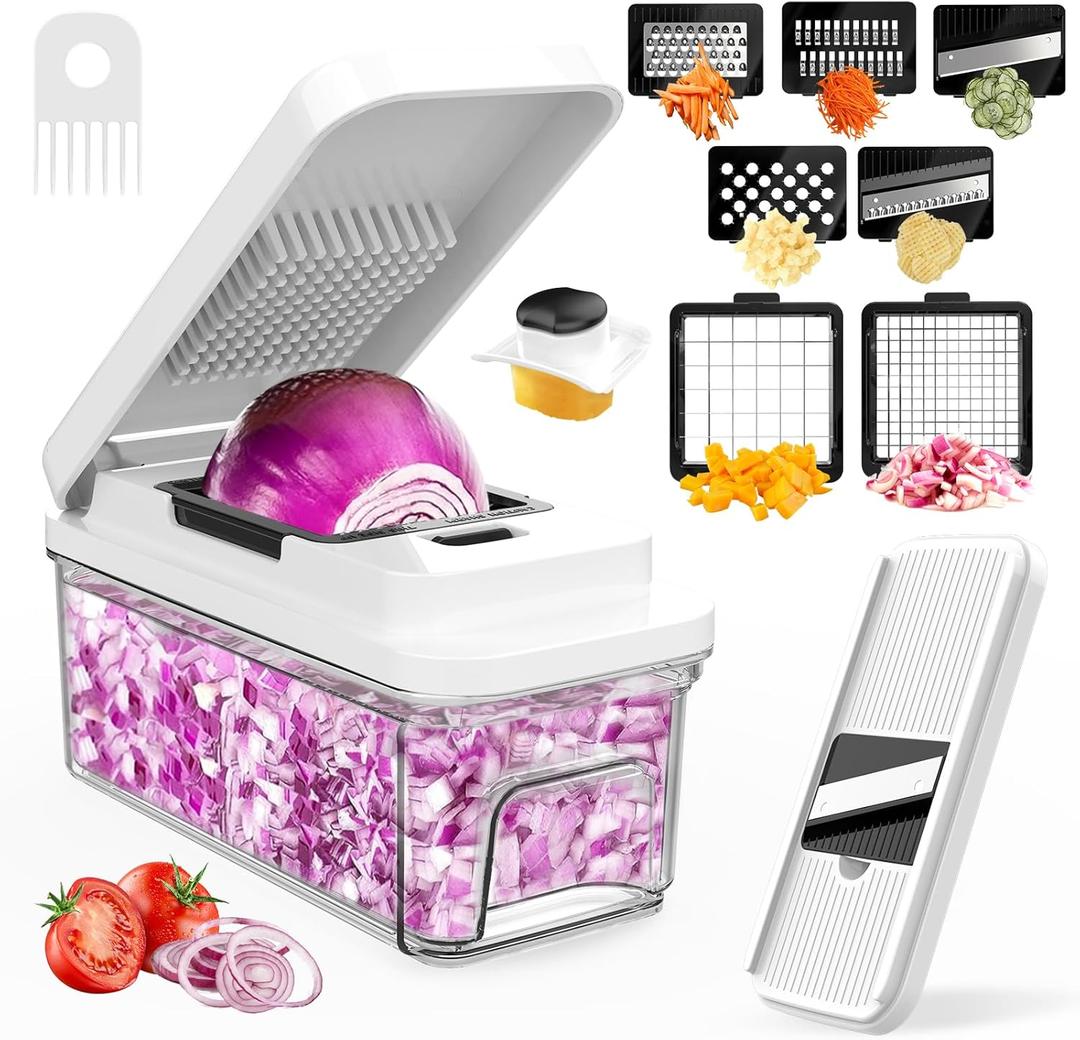 Vegetable Chopper: 10 in 1 Food Chopper - Onion Vegetable Slicer Cutter Dicer, Veggie Cutter with Container, 7 Blades, Kitchen Gadgets for Carrot Salad Garlic Potato Slicer (White)