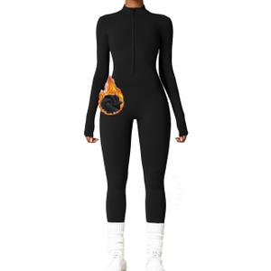 AEEZO Womens Long Sleeve Workout Jumpsuit Zip Up Yoga Rompers Sexy Tummy Control One Piece Bodycon Bottom Pants (Medium, #3 Thermal Black)