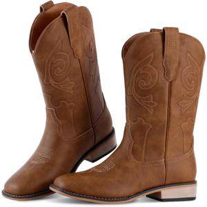 RLW Kids Cowboy Boots for Boys Girls Western Square Toe Youth Cowgirl Boots for Toddler Little & Big Kid (Brown, 8)