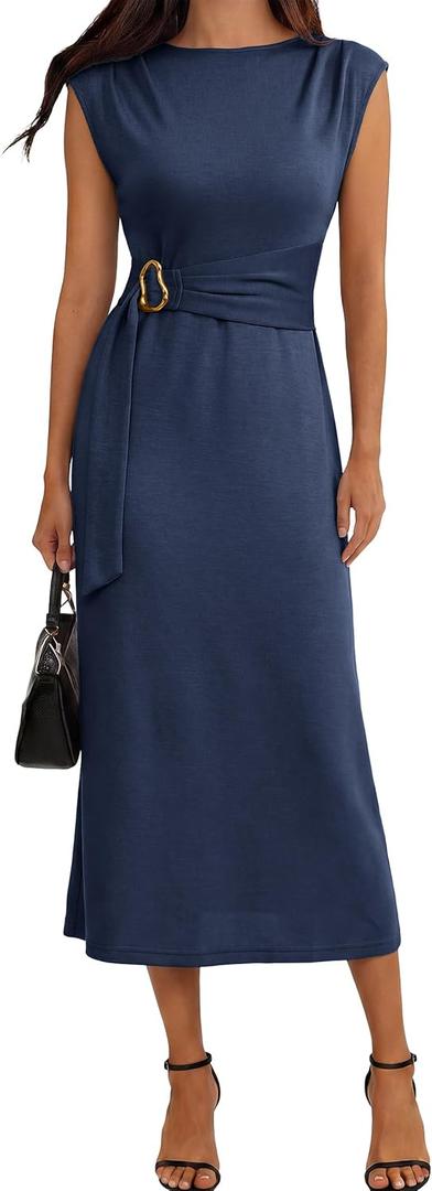 Simplee Womens Summer Casual Long Dress Cocktail Party Semi Formal Midi Dresses Tea Party Mock Neck Date Night Dress 2026 (Navy Blue M)
