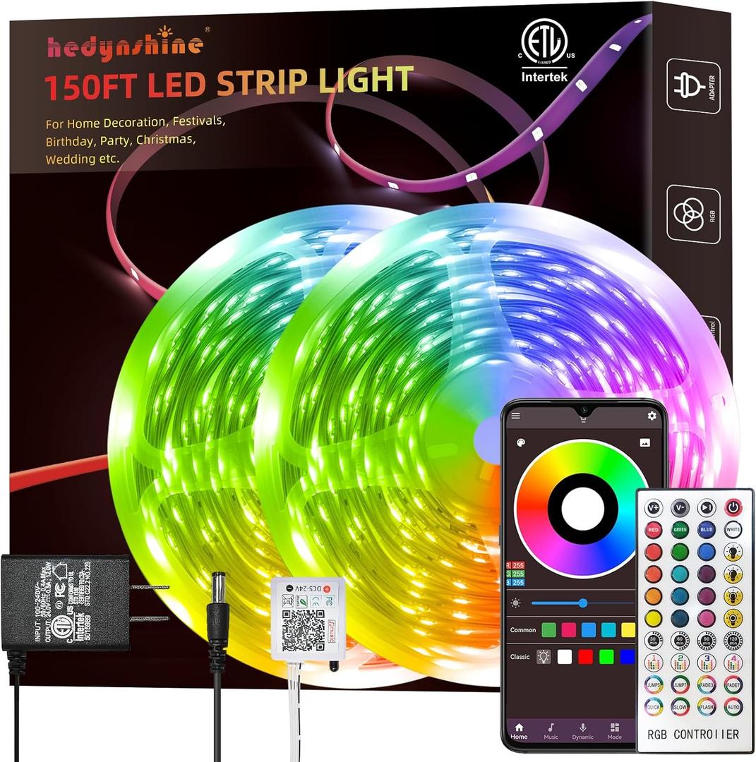 HEDYNSHINE 150ft LED Strip Lights,RGB Color Changing by 40key Remote and Phone, LED Strip Lights Music Sync,Smart LED Strip Lights for Bedroom 150feet