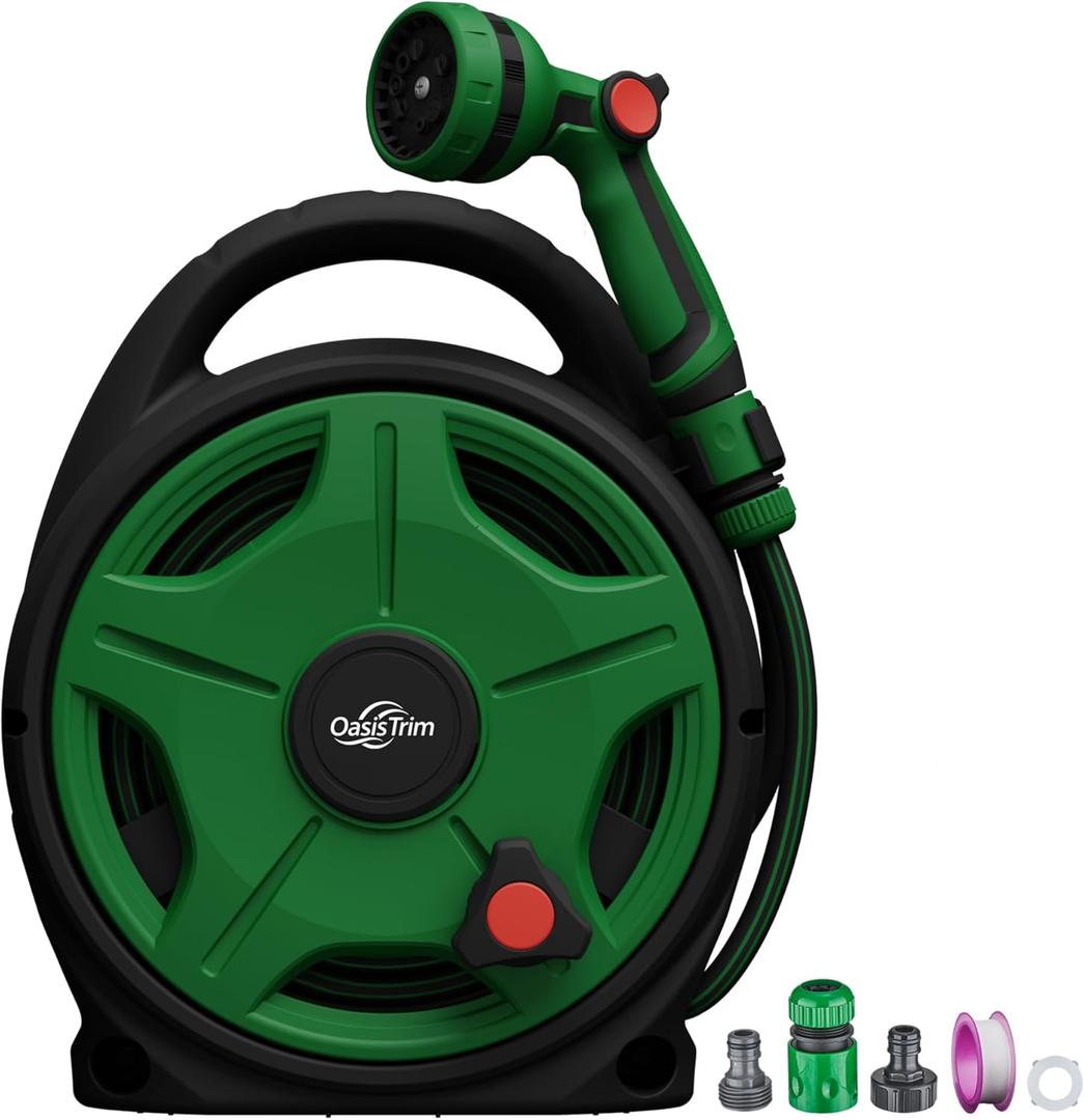 1/2" x 50FT Retractable Garden Hose ReelWith 10 Patterns Spray NozzlePortable Heavy Duty Garden Hose Holder for Garden WateringCar & Patio WashingPet CleaningGreen