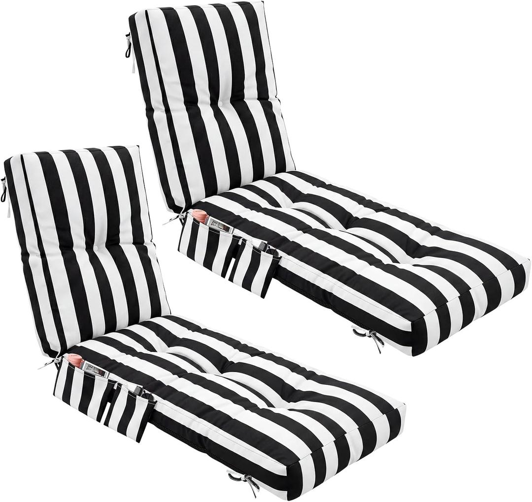 Kigley Outdoor Chaise Lounge Cushions with Side Pocket 76x22x6 Thick Tufted Waterproof Patio Pool Lounge Chair Replacement Cushion Fade Resistant Cushion for Furniture Lawn(2 Pcs,Black White,Striped)