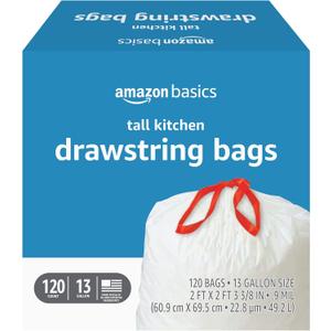 Amazon Basics Tall Kitchen Drawstring Trash Bags, Sturdy and Tear Resistant, 13 Gallon, Unscented, 120 Count