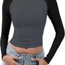 Abardsion Women's Long Sleeve Shirts Y2K Slim Fit Stretchy Slightly Crop Tops (Gray, S)