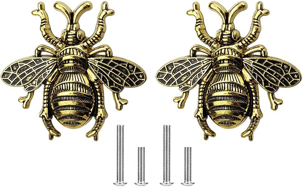Mizhang Bee Knobs 2 Pcs Animal Honeybee Shaped Cabinet Pulls Zinc Alloy Single Hole Wardrobe Closet Dresser Cupboard Home Hardware Furniture Decoration Handle with Screws (Ancient Gold)