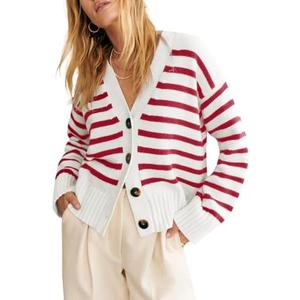 Saodimallsu Womens Striped Cardigan Sweaters V Neck Button Down Long Sleeve Open Front Ribbed Knit Outerwear, Small Red