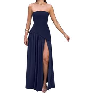 Memoriesea Women's Elegant Strapless High Split A Line Flowy Party Cocktail Maxi Dress, Large 