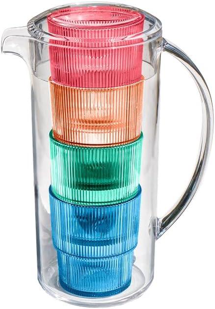 Fine Ribbed Glasses & Pitcher - Multicolor - Set of 5 (91 Ounces)