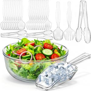 LemonRoad 135 oz Clear Plastic Serving Salad Bowl with 10 Spoons 10 Forks 2 Tongs and 2 Scoops Disposable Serving Utensils for Parties, Holidays & Events