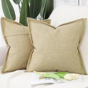 MADIZZ Pack of 2 Faux Rustic Linen Throw Pillow Covers with Flange Edge Soft Boho Natural Decorative Pillowcases for Sofa Living Room Modern Throw Pillows for Bed 18x18 Inch Khaki