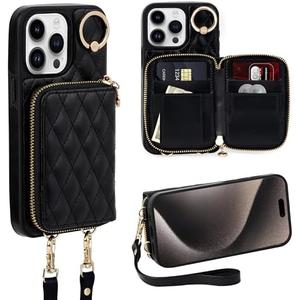 Keallce Case for iPhone 14 Pro Max 6.7'' Wallet Case, Crossbody Zipper Purse Handbag Wristlet for Women, RFID Blocking Card Holders, 360° Ring Kickstand Flip Leather Cover for iPhone 14 Pro Max, Black
