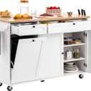 VEVOR Kitchen Island Cart with Storage, 60in Wide Mobile Kitchen Cart with Wheels, Drop Leaf, 2 Drawers, Trash Can Cabinet, Knife Holder, Spice Rack, and Towel Rack, Table for Dining Room, Pantry, 60.24"D x 27.56"W x 35.43"H