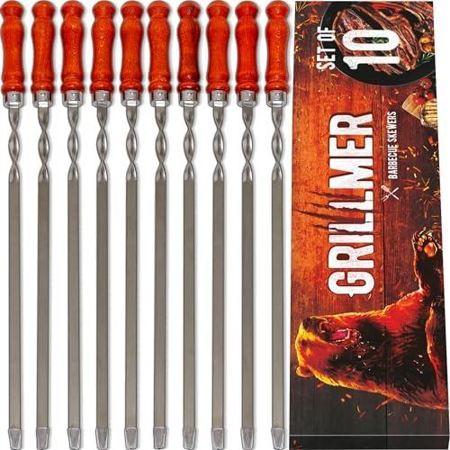 Premium BBQ Skewers with Wooden Handles 23.6" Shish Kabob Skewers Stainless Steel Long & Reusable Kabob Sticks Barbecue Skewers for Grilling Set of 10 Piece (10, 23.6 Inches)